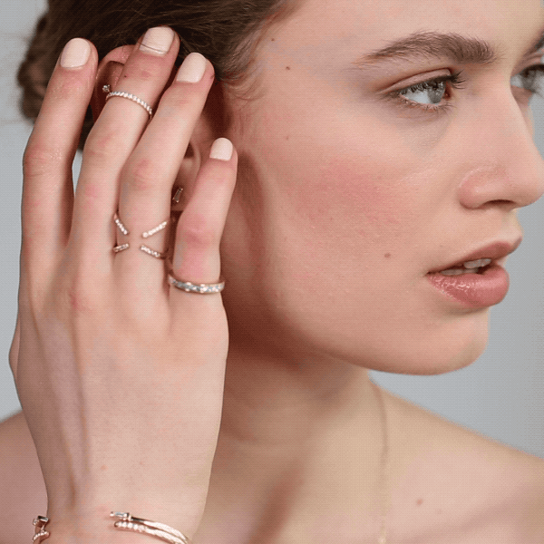 Shahla Karimi Jewelry Central Park X-Ring No. 3 in 14K Yellow Gold With White Diamonds on Model GIF
