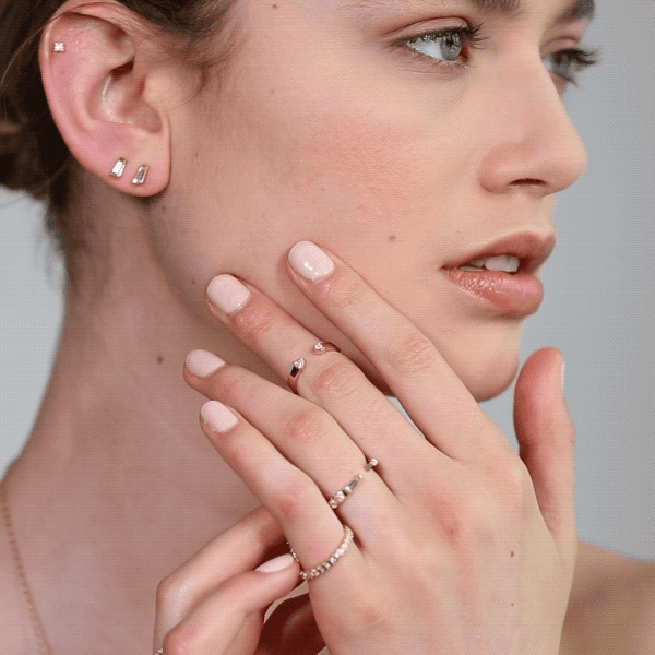 Shahla Karimi Jewelry Landmark Series Flatiron Open Ring with White Diamond Trillions in 14K Yellow Gold on Model GIF