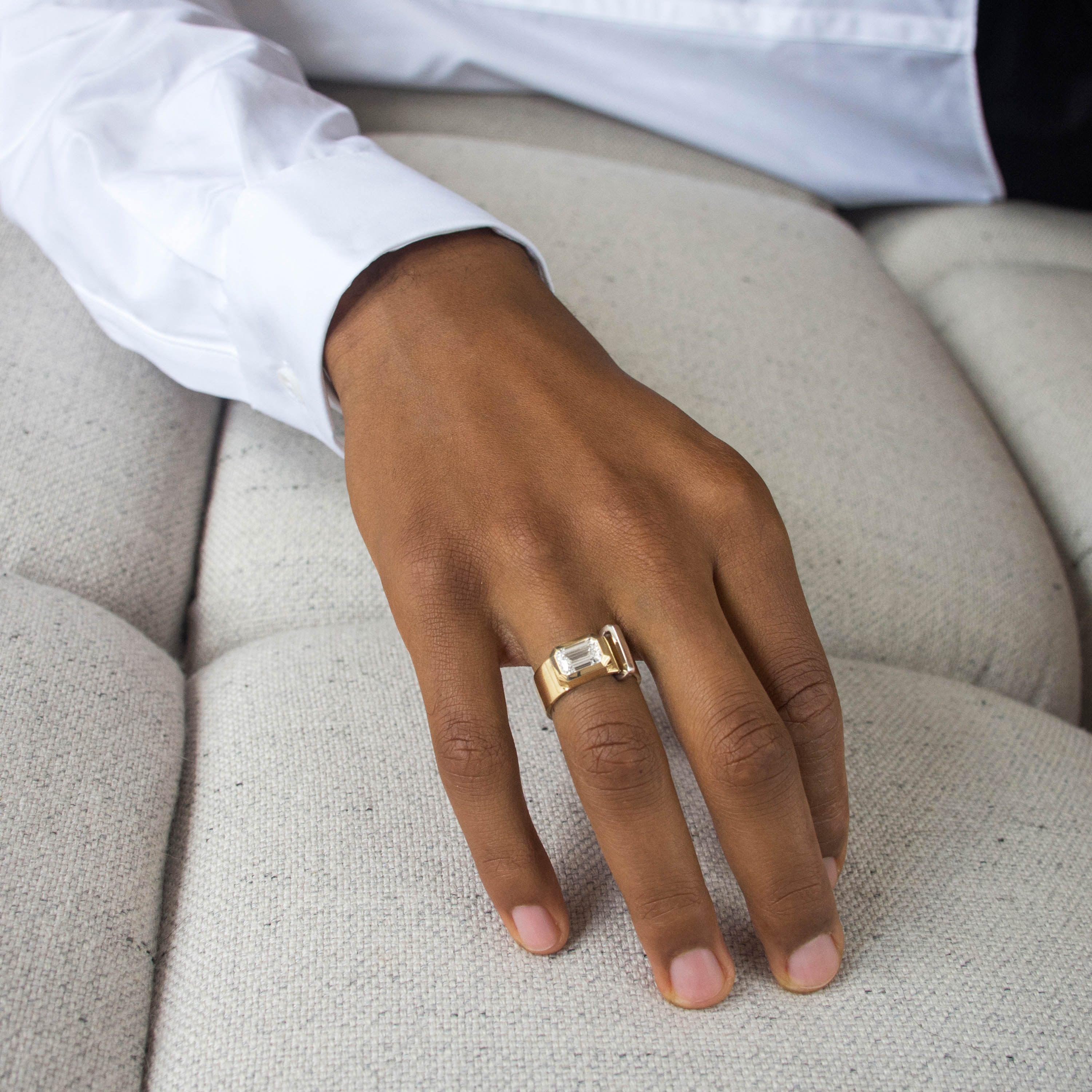 Shahla Karimi Joon Bezel Set Emerald 14K Yellow Band with Platinum Wrap