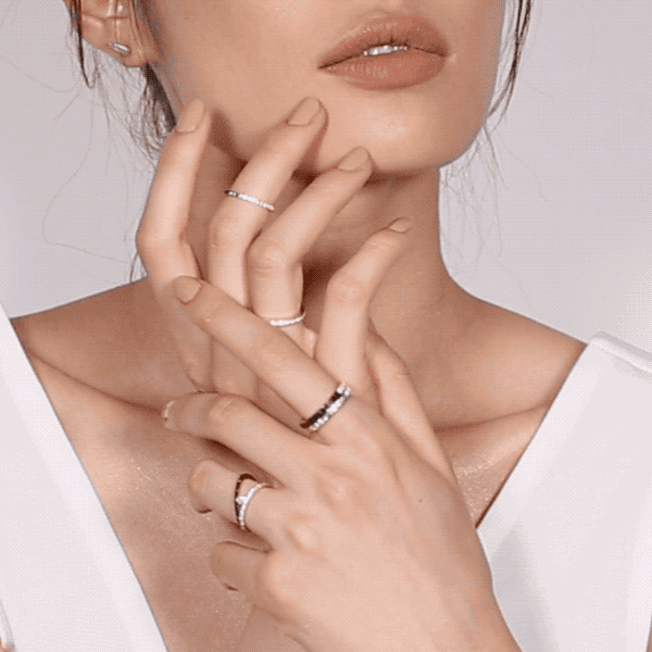 Shahla Karimi Jewelry Love Black & White Diamond Ring 14K Yellow Gold on Model GIF