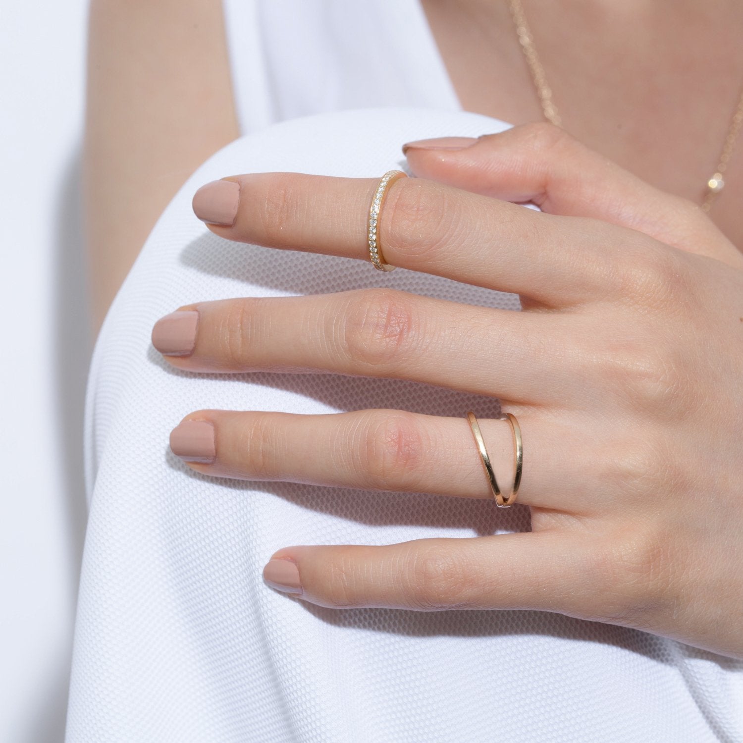 Shahla Karimi Jewelry Love V Ring 14K Yellow Gold on Model