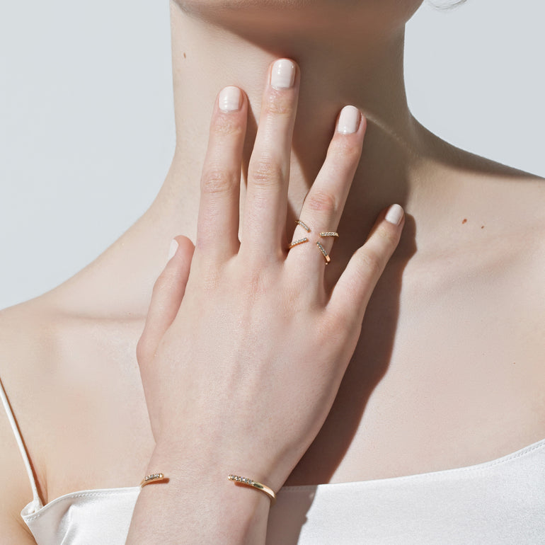 Shahla Karimi Jewelry Central Park X-Ring No. 3 in 14K Yellow Gold with White Diamonds on Model