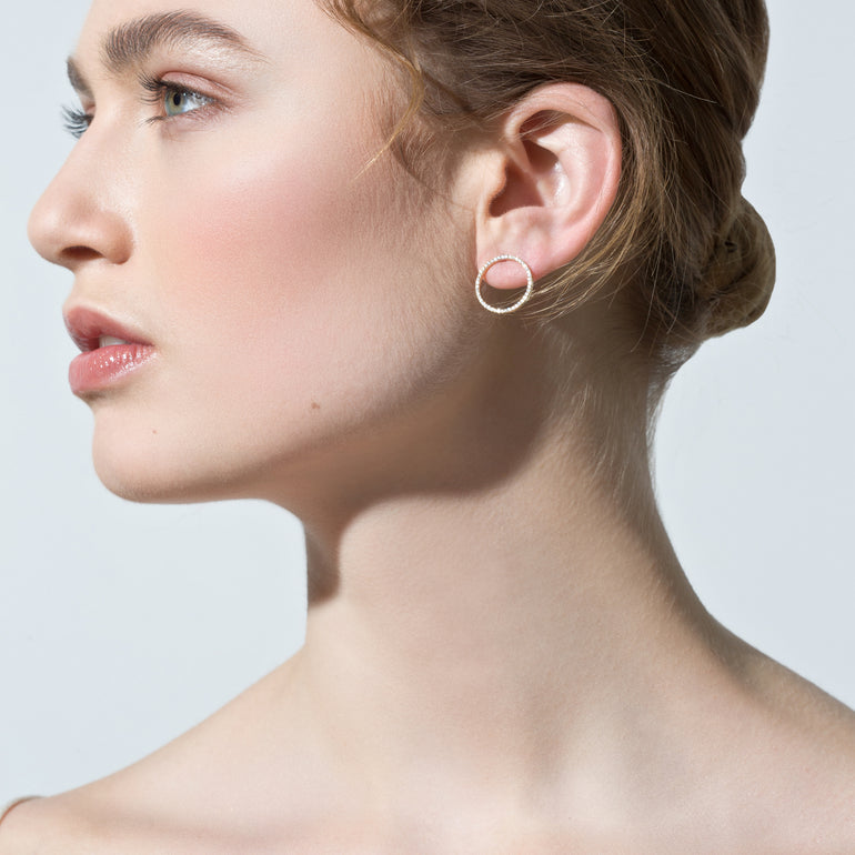 Shahla Karimi Jewelry Landmark Collection Central Park Hoop Studs 18mm 14K Yellow Gold on Model