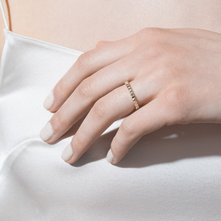 Shahla Karimi Jewelry Freedom Ring with Princess Cut White Diamonds 14/18K Yellow Gold on Model