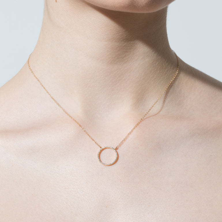 Shahla Karimi Jewelry Landmark Collection Central Park Hoop Necklace 14K Yellow Gold on Model