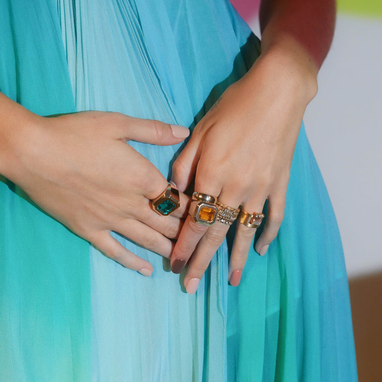Shahla Karimi Jewelry Super Bowl Ring Emerald + Citrine 14/18K Yellow Gold on Model