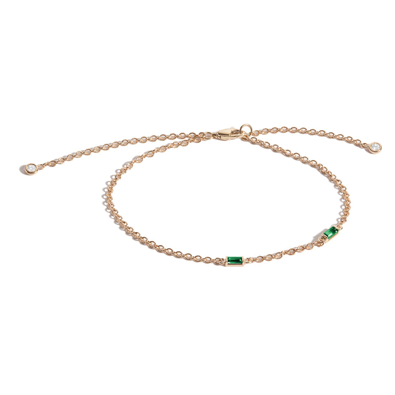 Shahla Karimi Emerald Birthstone Baguette Bracelet with Diamond Dangles 14K Yellow Gold