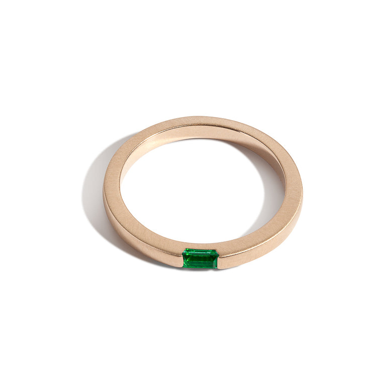 Shahla Karimi Unisex Birthstone Baguette Ring 14K Yellow Gold - Matte Finish - Emerald