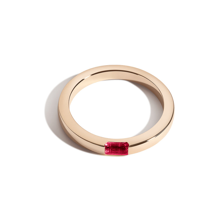 Shahla Karimi Unisex Birthstone Baguette Ring 14K Yellow Gold - High Polish - Ruby
