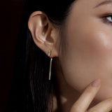 Shahla Karimi Jewelry Diamond Foundry Deco Baguette Bar Ear Jacket 14K Yellow Gold w/ PearBelt Studs on Model