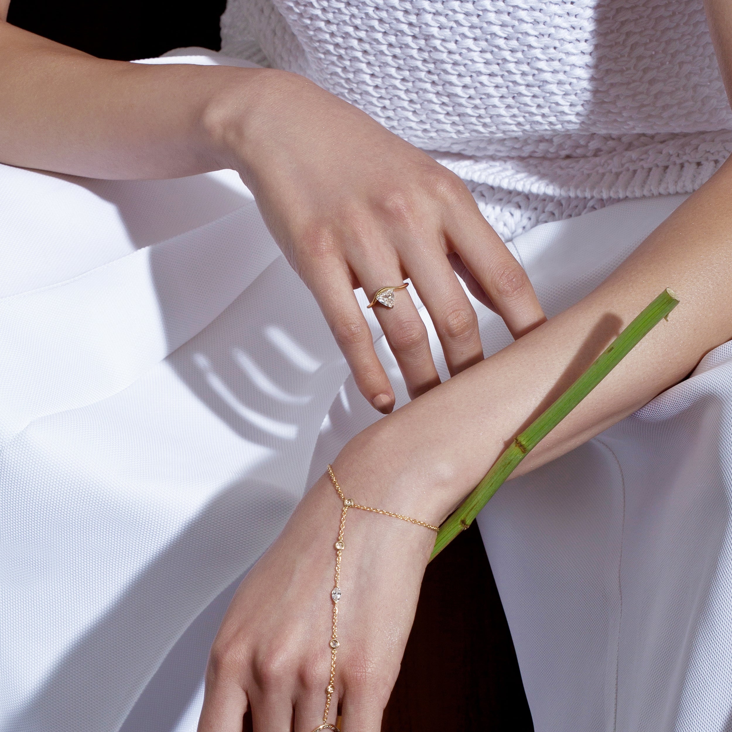 Shahla Karimi Jewelry Diamond Foundry Deco Triangle Eye Ring 14/18K Yellow Gold on Model