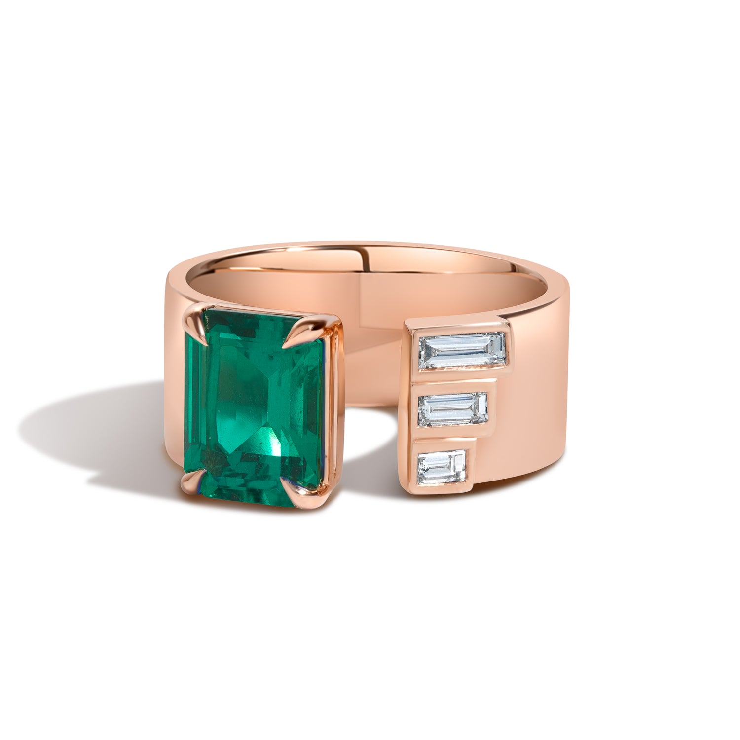 Shahla Karimi Jewelry Emerald Gap Band w/ Baguettes 14K Rose Gold 