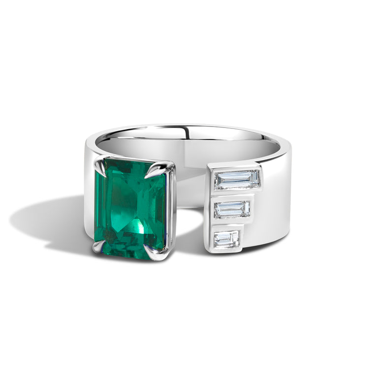 Shahla Karimi Jewelry Emerald Gap Band w/ Baguettes 14K White Gold or Platinum