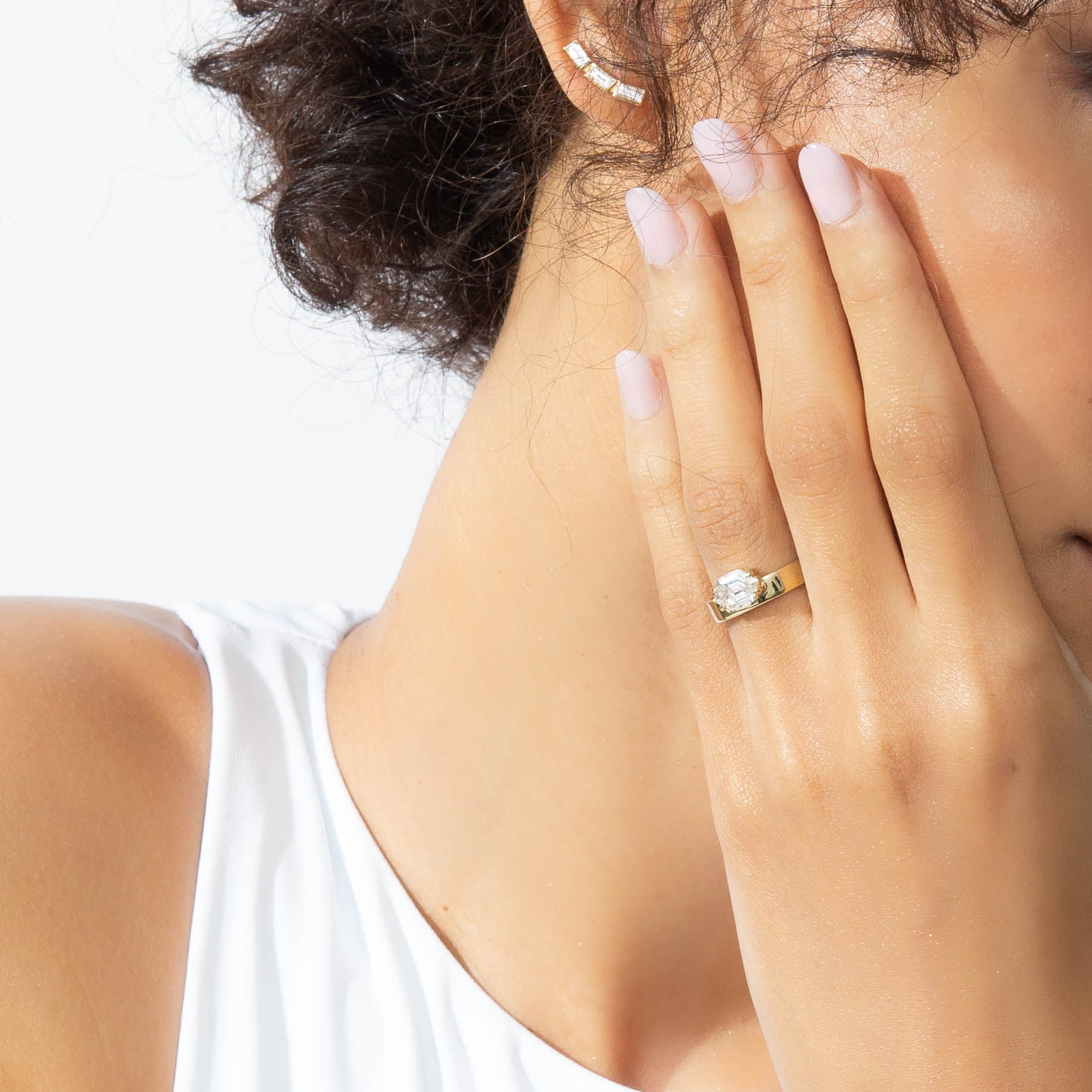 Shahla Karimi Jewelry East-West Elongated Hexagon Offset Ring 14/18K Yellow Gold on Model