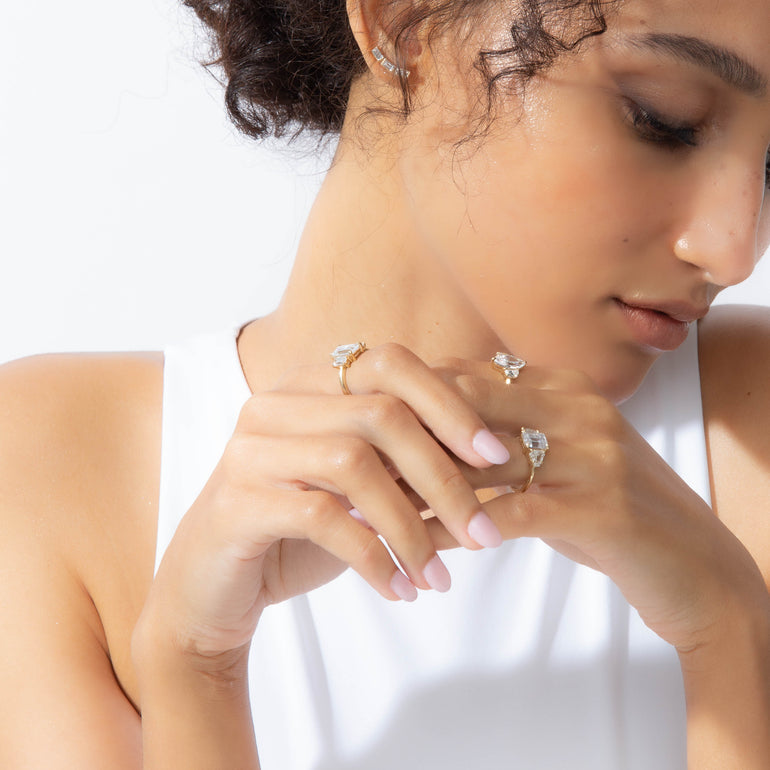Shahla Karimi Jewelry 3-Stone Baguette Ring 14/18K Yellow Gold on Model