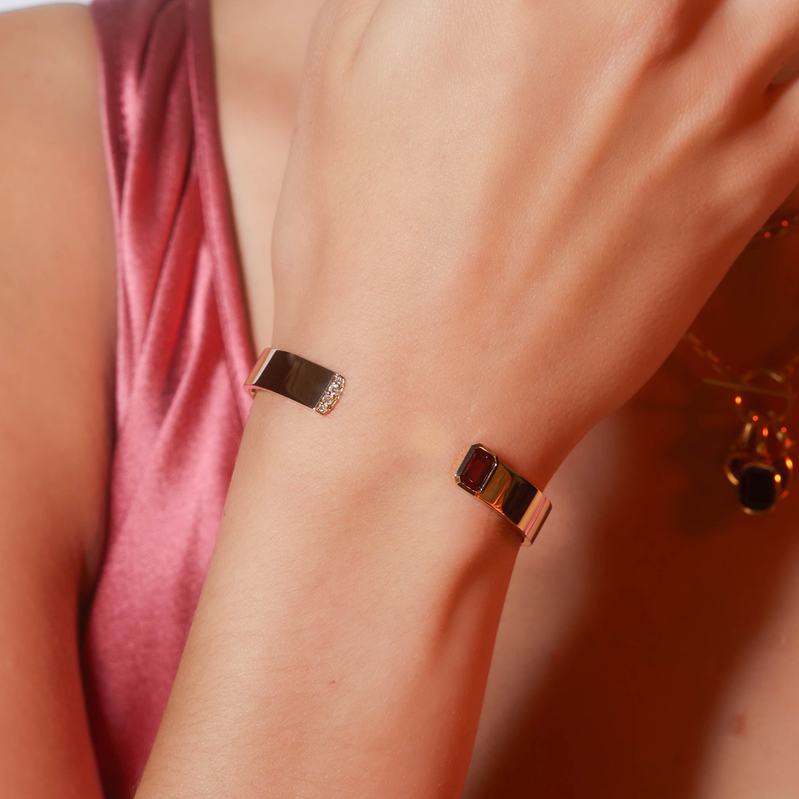 Shahla Karimi Ruby Emerald Cut Cuff w/ Pavé 14/18K Yellow Gold on Model