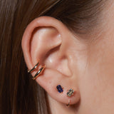 Shahla Karimi Mint Green Sapphire Emerald Cut Claw Earrings in 14K Yellow Gold on Model