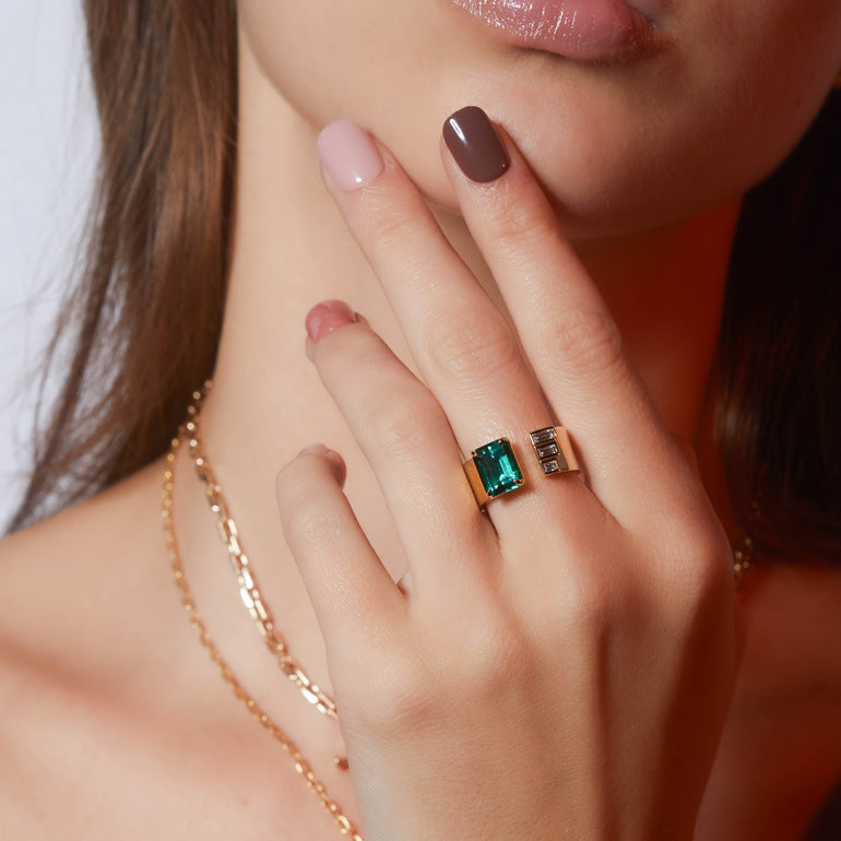 Shahla Karimi Jewelry Emerald Gap Band w/ Baguettes 14K Yellow Gold on Model