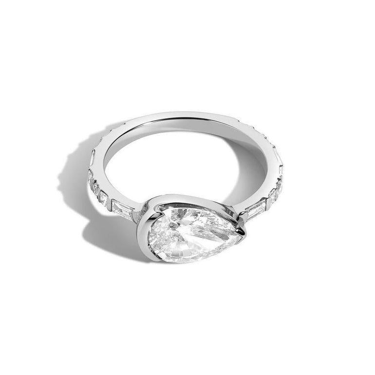 Shahla Karimi Jewelry Diamond Foundry Deco Pear East-West Ring 14K White Gold or Platinum and White Diamonds