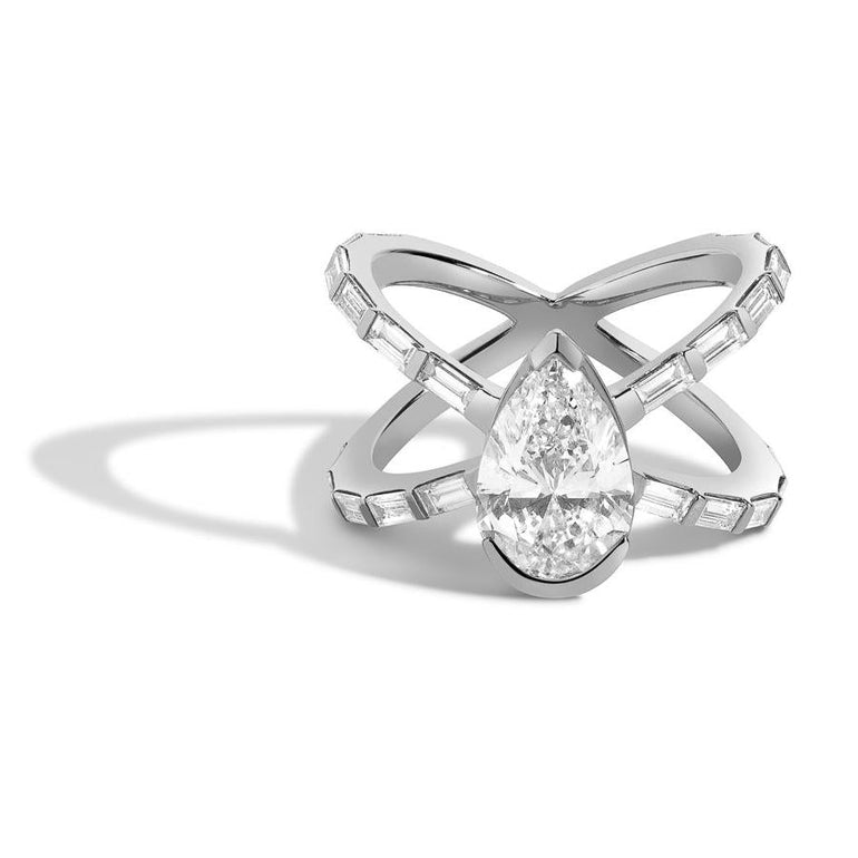Shahla Karimi Jewelry Diamond Foundry Deco Pear X-Ring 14K White Gold or Platinum