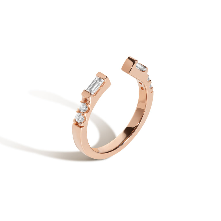 Shahla Karimi Jewelry 14K Rose Gold Rockefeller No.2 Open Ring with Diamond Baguettes and White Diamonds