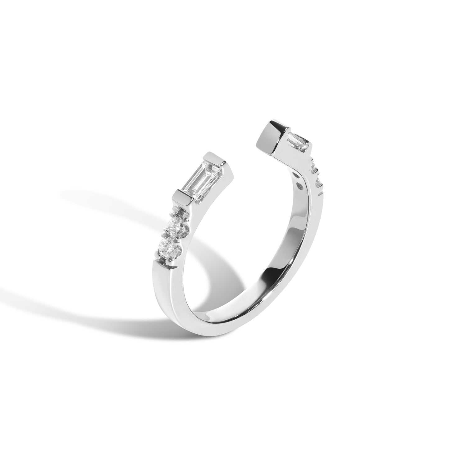 Shahla Karimi Jewelry 14K White Gold or Platinum Rockefeller No.2 Open Ring with Diamond Baguettes and White Diamonds