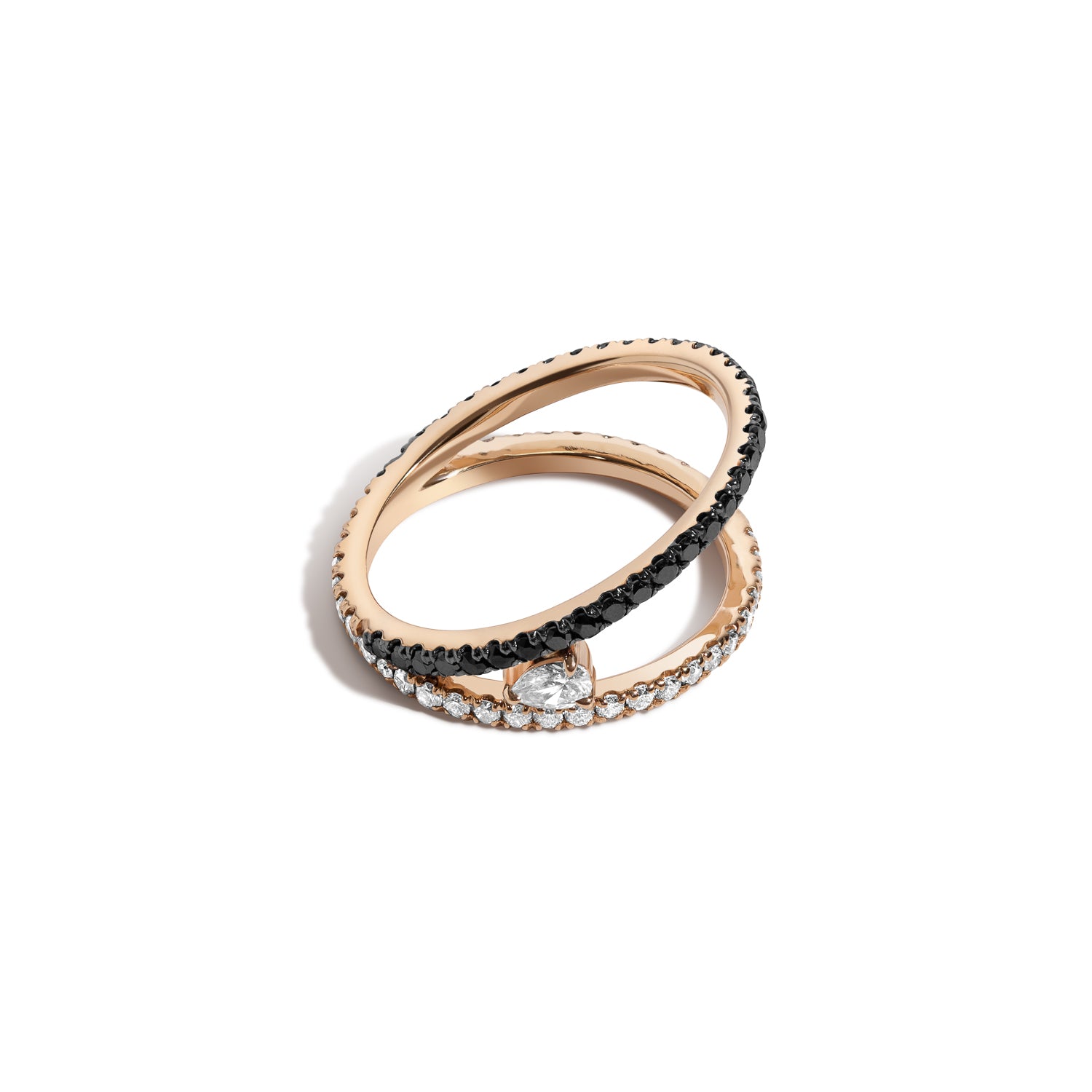 Shahla Karimi Jewelry Love Black and White Diamonds V Ring w/ Pear 14K Yellow Gold