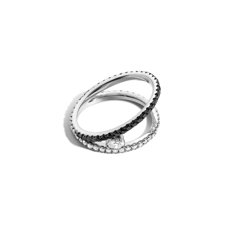 Shahla Karimi Jewelry Love Black and White Diamonds V Ring w/ Pear 14K White Gold