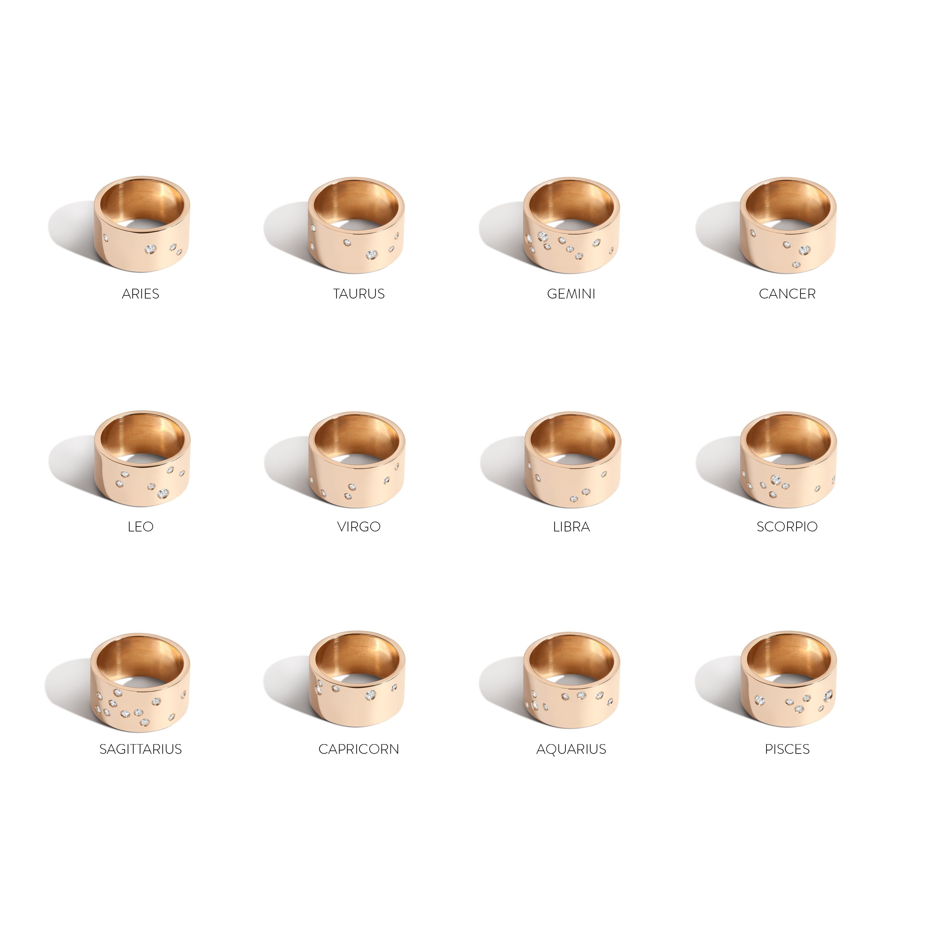 Shahla Karimi Jewelry 14K Gold Zodiac Reveal Ring Collection Cigar Band With White Diamonds