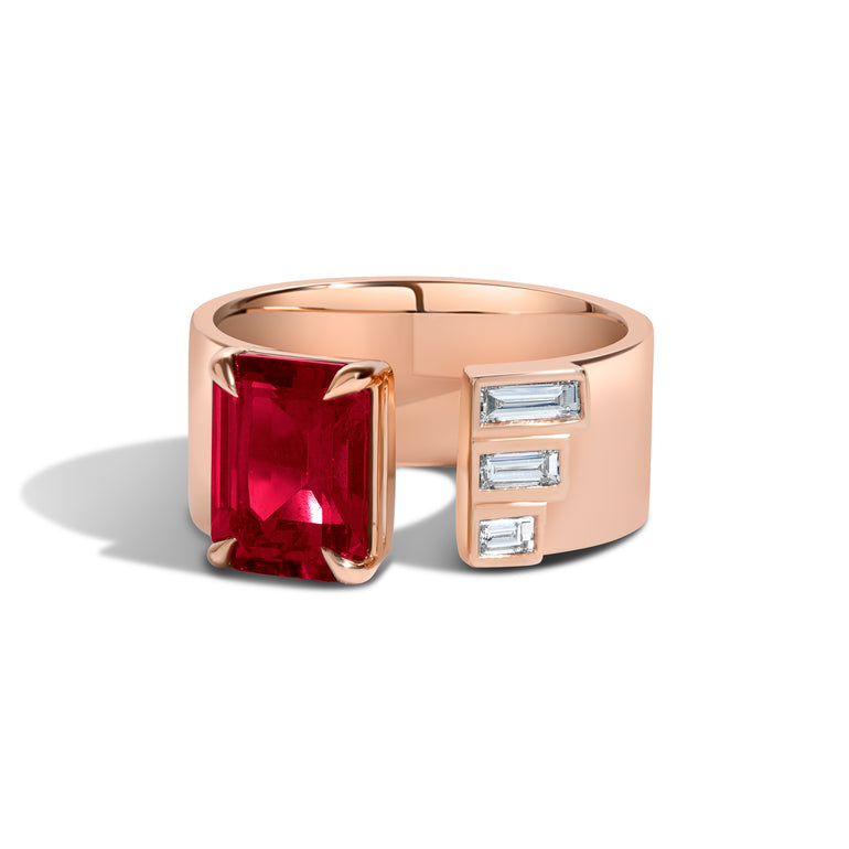Shahla Karimi Jewelry Ruby Gap Band w/ Baguettes 14K Rose Gold