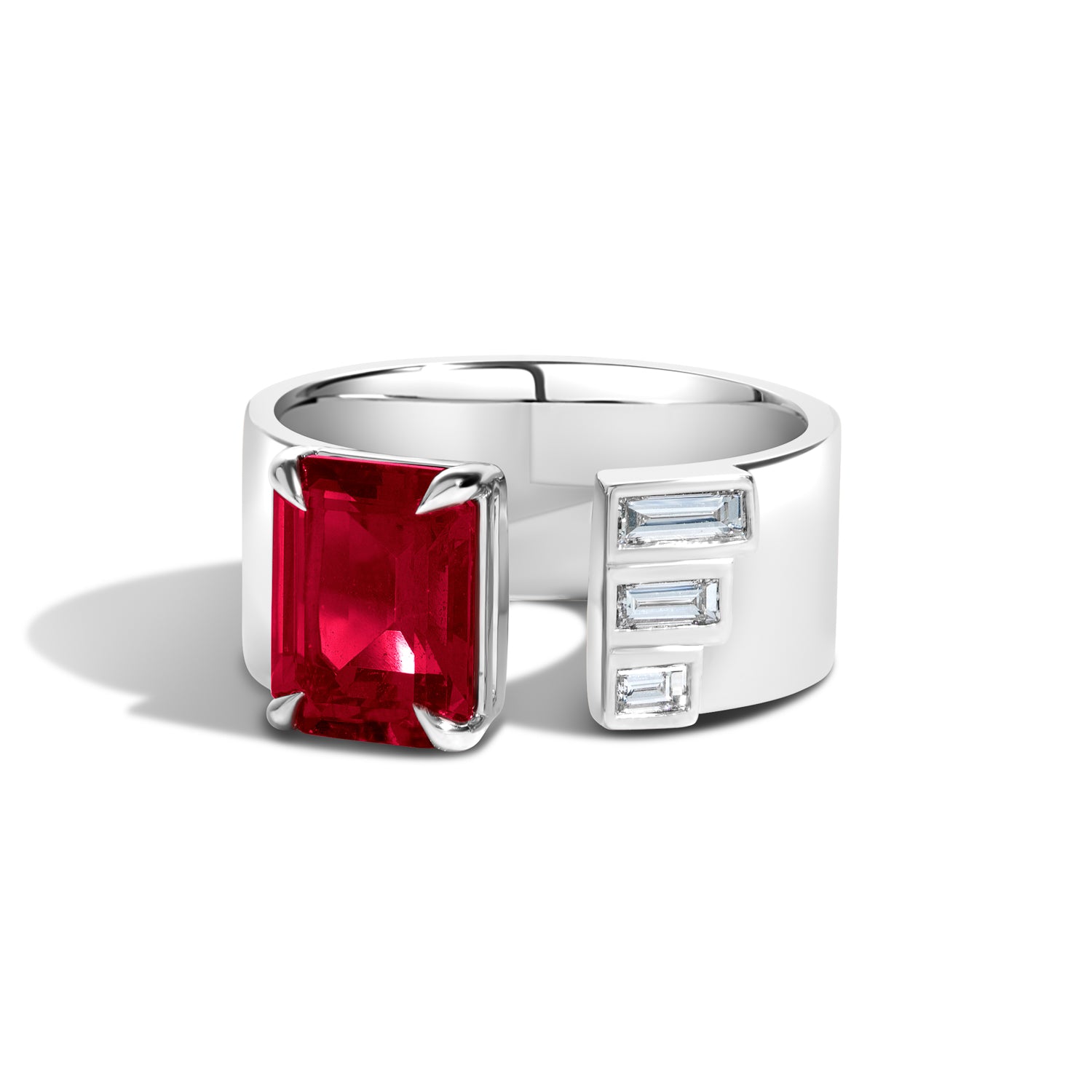Shahla Karimi Jewelry Ruby Gap Band w/ Baguettes 14K White Gold or Platinum