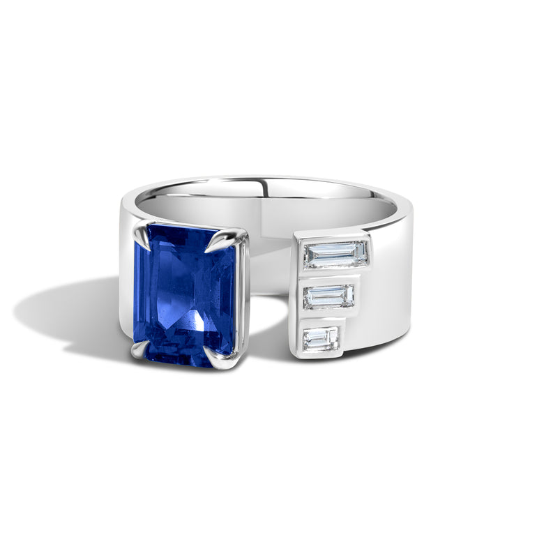 Shahla Karimi Jewelry Sapphire Gap Band w/ Baguettes 14K White Gold or Platinum