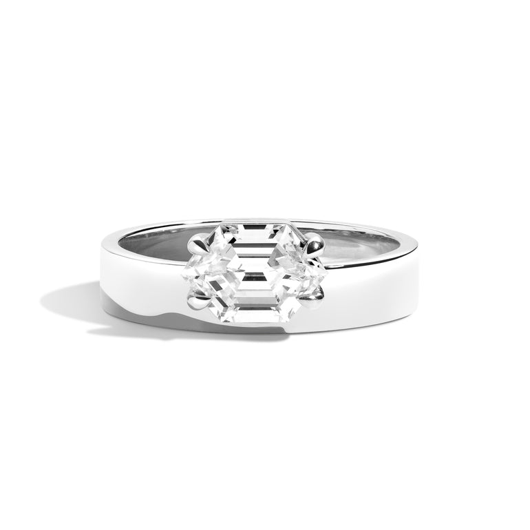 Shahla Karimi Jewelry East-West Elongated Hexagon Offset Ring 14K White Gold or Platinum