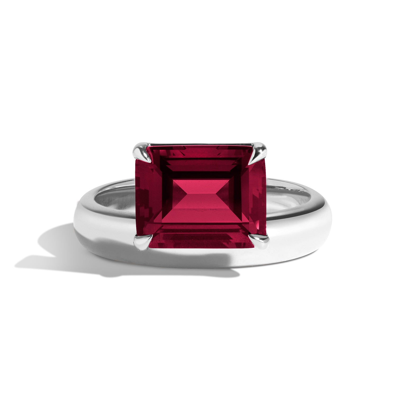 Shahla Karimi Jewelry Wright Emerald Cut Ruby Offset Donut Ring 14K White Gold or Platinum