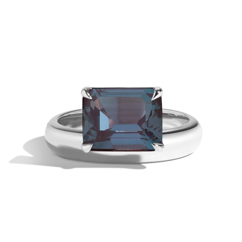Shahla Karimi Jewelry Wright Emerald Cut Alexandrite Offset Donut Ring 14K White Gold or Platinum