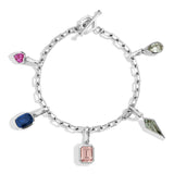 A white gold-colored bracelet featuring a series of emerald-shaped links with various colored gemstones attached to the links.
