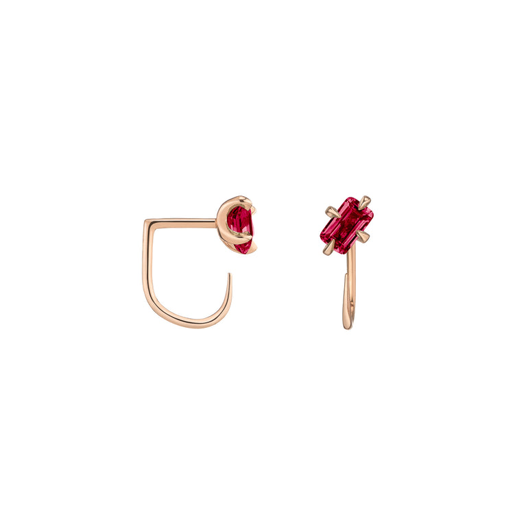 Shahla Karimi Ruby Emerald-Cut Claw Earrings in 14K Rose Gold
